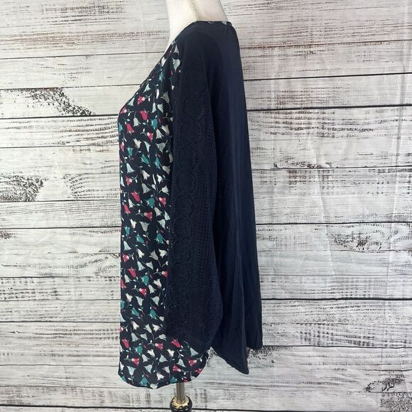 Van Heusen Blouse Tunic size Extra Large Navy Blue Pink Teal Tulips Lace Sleeves - Picture 9 of 11
